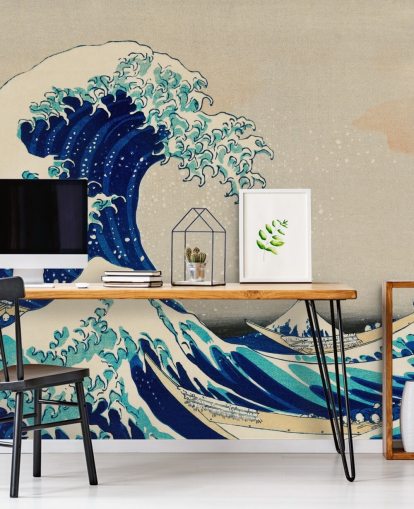 blauw op maat gemaakt oosters behang genaamd The Great Wave off Kanagawa voor slaapkamers en woonkamers