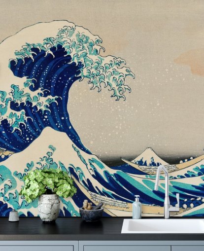 blå brugerdefineret orientalsk tapet kaldet The Great Wave off Kanagawa til soveværelser og stuer