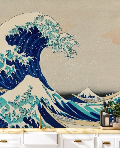 carta da parati orientale personalizzata blu chiamata The Great Wave off Kanagawa per camere da letto e salotti