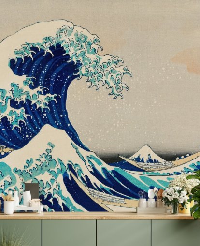 papel de parede oriental personalizado azul chamado The Great Wave off Kanagawa para quartos e salas de estar