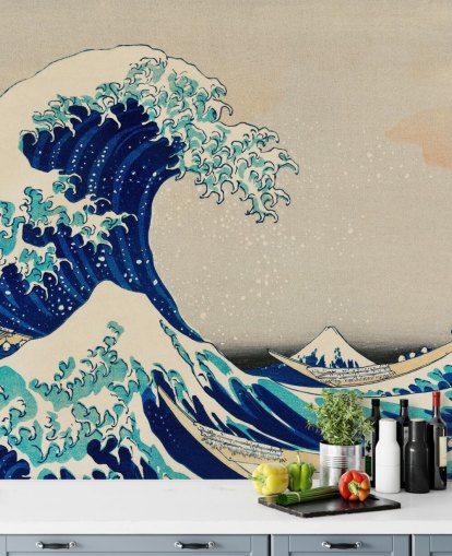 carta da parati orientale personalizzata blu chiamata The Great Wave off Kanagawa per camere da letto e salotti
