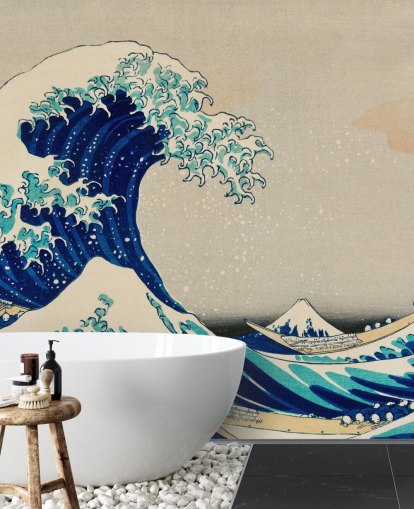 papel pintado oriental personalizado azul llamado La gran ola de Kanagawa para dormitorios y salas de estar
