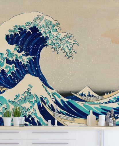 papel pintado oriental personalizado azul llamado La gran ola de Kanagawa para dormitorios y salas de estar