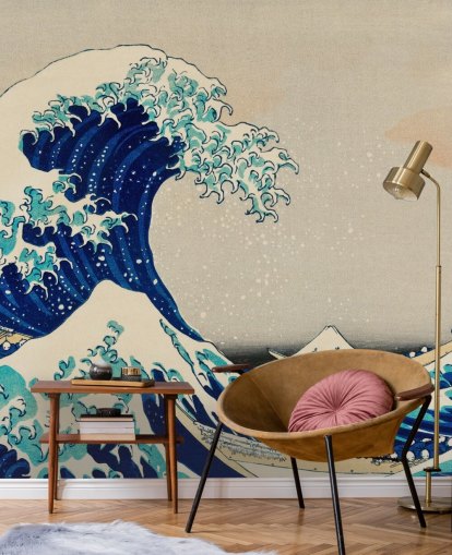 blått tilpasset orientalsk tapet kalt The Great Wave off Kanagawa for soverom og stuer