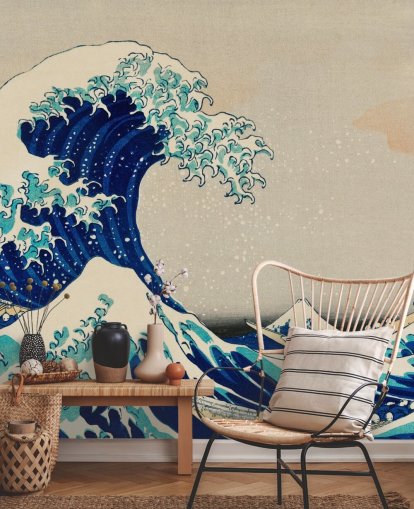 papel pintado oriental personalizado azul llamado La gran ola de Kanagawa para dormitorios y salas de estar