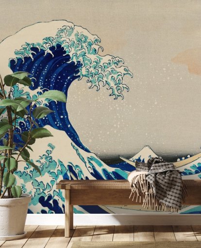 papier peint oriental personnalisé bleu appelé The Great Wave off Kanagawa pour les chambres et les salons