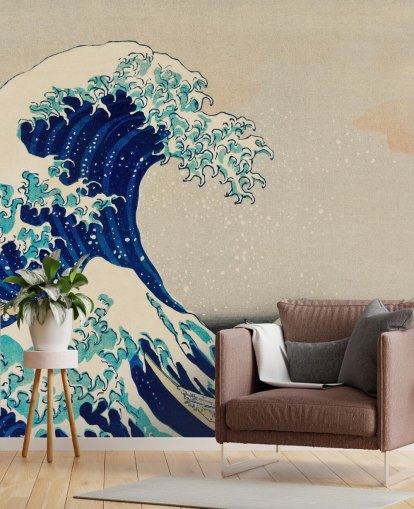 papel de parede oriental personalizado azul chamado The Great Wave off Kanagawa para quartos e salas de estar
