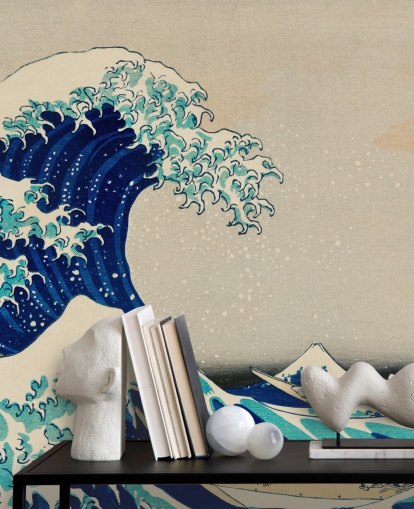 papel de parede oriental personalizado azul chamado The Great Wave off Kanagawa para quartos e salas de estar