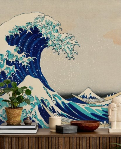 papel pintado oriental personalizado azul llamado La gran ola de Kanagawa para dormitorios y salas de estar