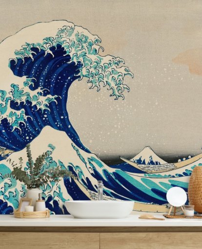 blått tilpasset orientalsk tapet kalt The Great Wave off Kanagawa for soverom og stuer