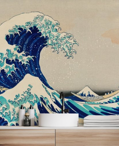 blå brugerdefineret orientalsk tapet kaldet The Great Wave off Kanagawa til soveværelser og stuer