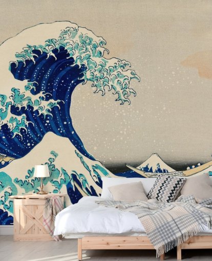 blauw op maat gemaakt oosters behang genaamd The Great Wave off Kanagawa voor slaapkamers en woonkamers