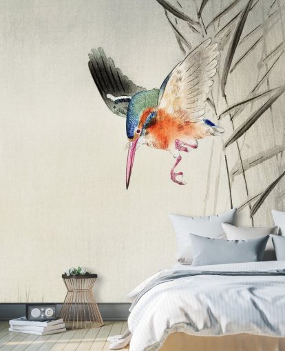 mural de papel pintado de kingfisher llamado Kingfisher Hunting for Fish in the Water at Wallsauce para dormitorios, salas de estar y baños