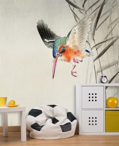 mural de papel pintado de kingfisher llamado Kingfisher Hunting for Fish in the Water at Wallsauce para dormitorios, salas de estar y baños