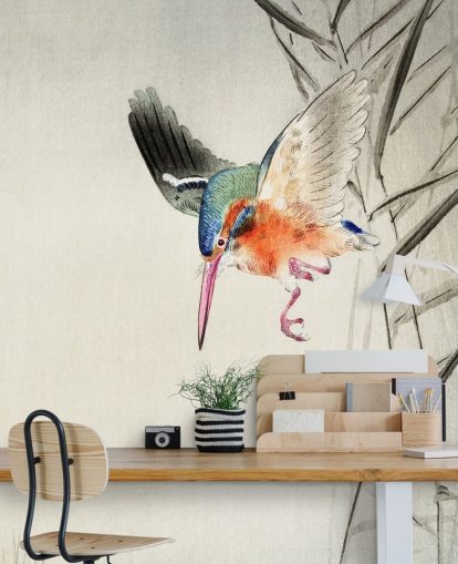 ijsvogel muurschildering genaamd Kingfisher Hunting for Fish in the Water at Wallsauce voor slaapkamers, woonkamers en badkamers ijsvogel muurschildering genaamd Kingfisher Hunting for Fish in the Water at Wallsauce voor slaapkamers, woonkamers en badkamers