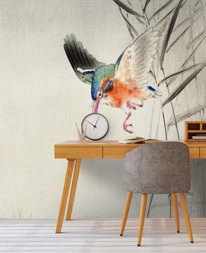 ijsvogel muurschildering genaamd Kingfisher Hunting for Fish in the Water at Wallsauce voor slaapkamers, woonkamers en badkamers