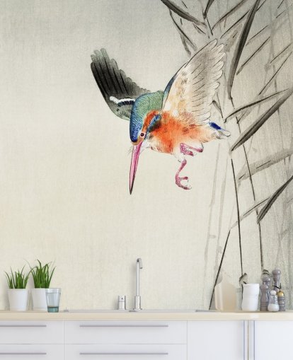 ijsvogel muurschildering genaamd Kingfisher Hunting for Fish in the Water at Wallsauce voor slaapkamers, woonkamers en badkamers ijsvogel muurschildering genaamd Kingfisher Hunting for Fish in the Water at Wallsauce voor slaapkamers, woonkamers en badkamers