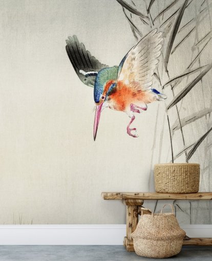 mural de papel pintado de kingfisher llamado Kingfisher Hunting for Fish in the Water at Wallsauce para dormitorios, salas de estar y baños