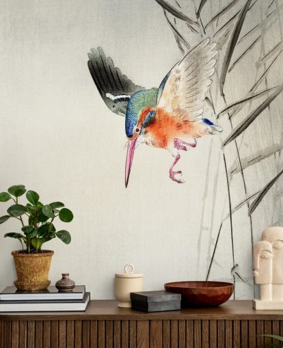 mural de papel pintado de kingfisher llamado Kingfisher Hunting for Fish in the Water at Wallsauce para dormitorios, salas de estar y baños