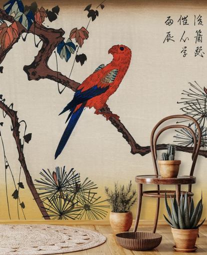 Papel pintado Guacamayo sobre rama de pino 