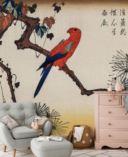 Macaw on Pine Branch Wallpaper Mural Macaw on Pine Branch Wallpaper Mural