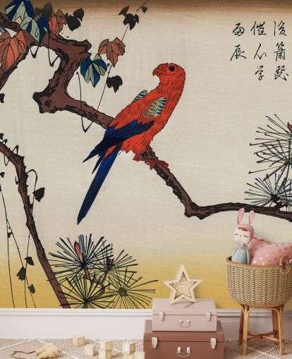 Papel pintado Guacamayo sobre rama de pino 