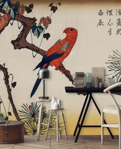 Papel pintado Guacamayo sobre rama de pino 