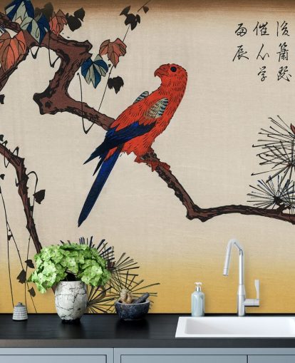 Papel pintado Guacamayo sobre rama de pino 