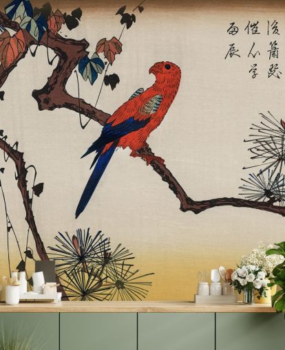 Papel pintado Guacamayo sobre rama de pino 