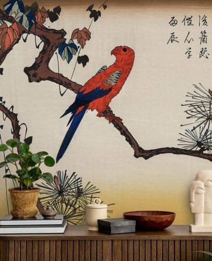 Papel pintado Guacamayo sobre rama de pino 