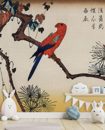 Macaw on Pine Branch Wallpaper Mural Macaw on Pine Branch Wallpaper Mural