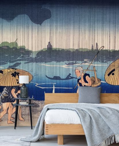 Mennesker Gåture Under Paraplyer Mural