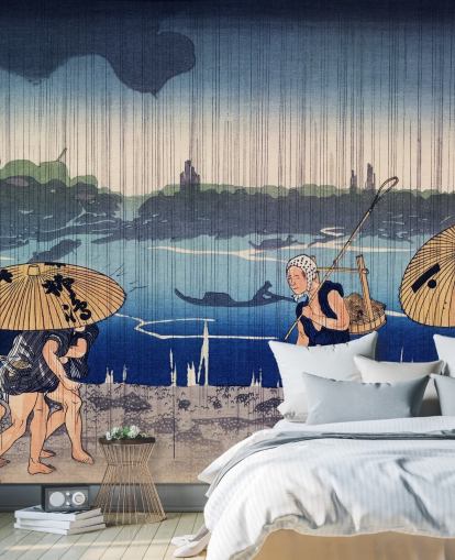 People Walking Beneath Umbrellas Mural