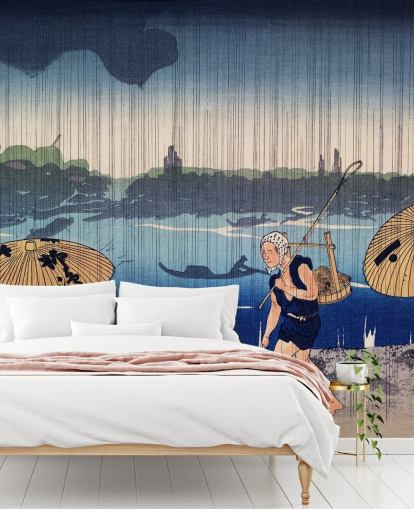 Pessoas andando sob o mural de guarda-chuvas