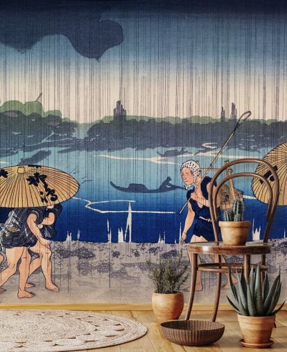 Mennesker Gåture Under Paraplyer Mural