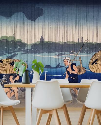 People Walking Beneath Umbrellas Mural