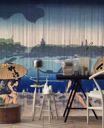 Mennesker Gåture Under Paraplyer Mural