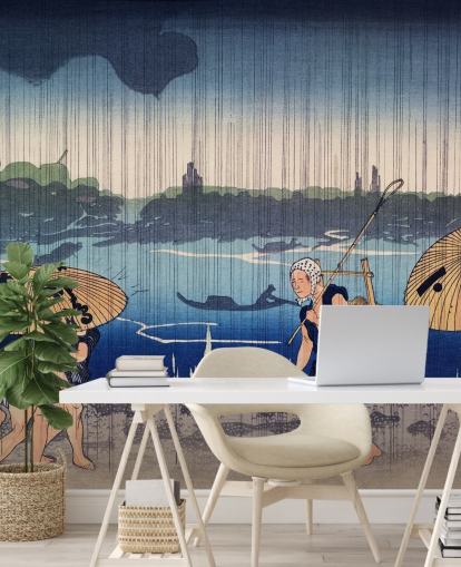 Mennesker Gåture Under Paraplyer Mural