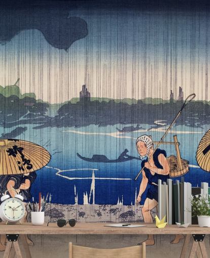 Mural Gente caminando bajo sombrillas