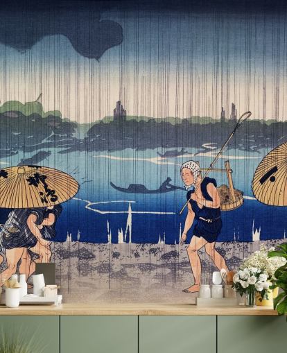 People Walking Beneath Umbrellas Mural