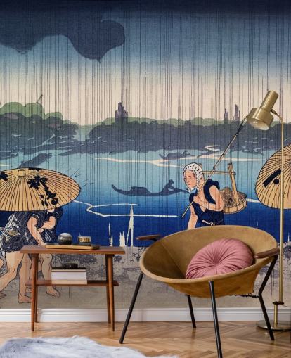 Peinture murale personnes marchant sous des parapluies