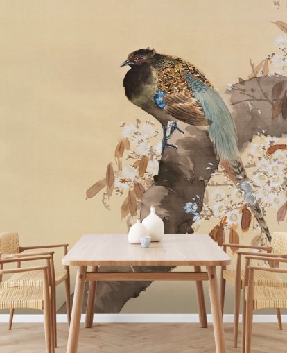 Papier Peint Faisan sur une branche de cerisier