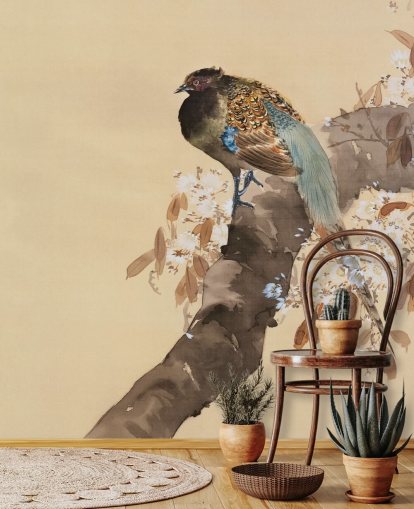 Pheasant on Cherry Blossom Branch Wallpaper