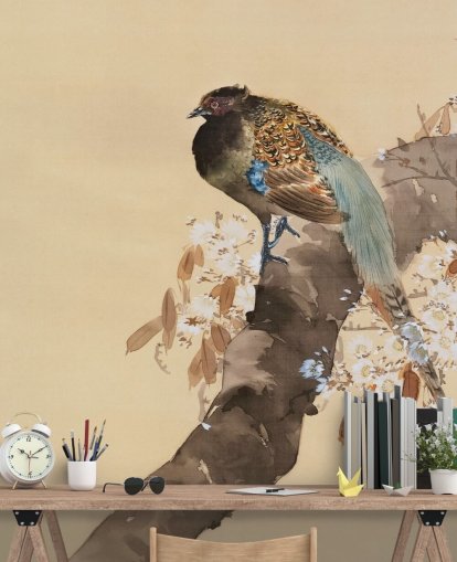 Fasan auf Kirschblüten-Zweig-Tapete