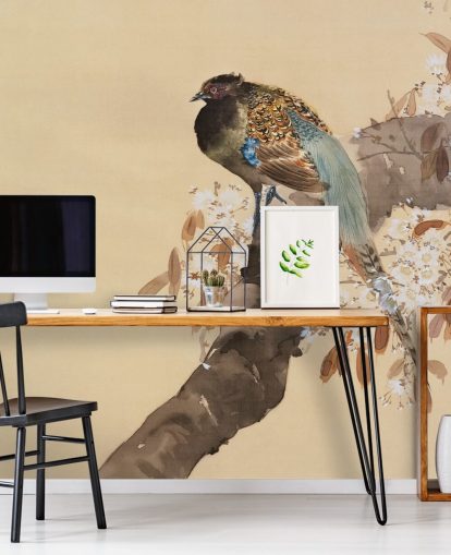 Carta da parati con fagiano su ramo di ciliegio