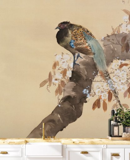 Fasan auf Kirschblüten-Zweig-Tapete Fasan auf Kirschblüten-Zweig-Tapete