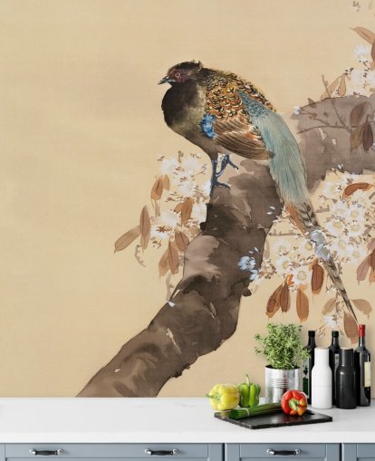 Papier Peint Faisan sur une branche de cerisier