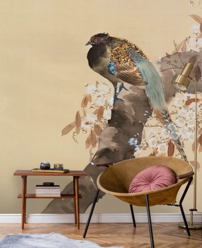 Fasan auf Kirschblüten-Zweig-Tapete