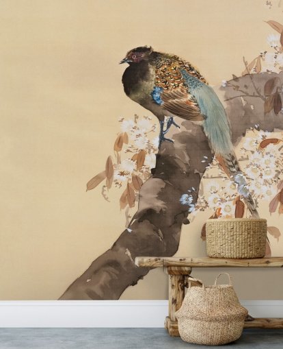 Papier Peint Faisan sur une branche de cerisier