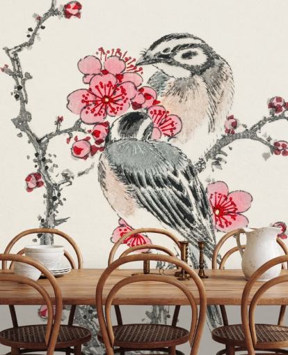 Pine Bunting and Plum Tree Wallpaper Mural 